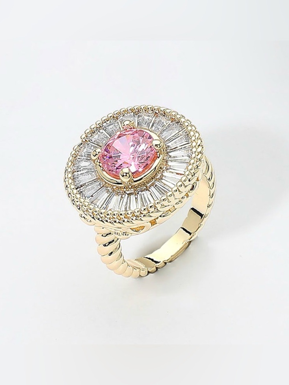 Gold Ring with Pink Center Stone and Clear Accents